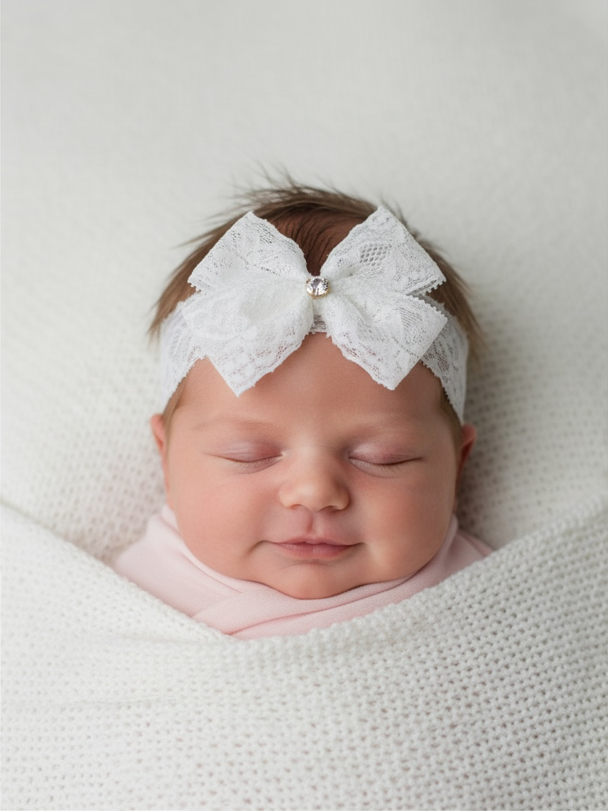 Off white lace bow with gold rhinestone on a soft lace headband