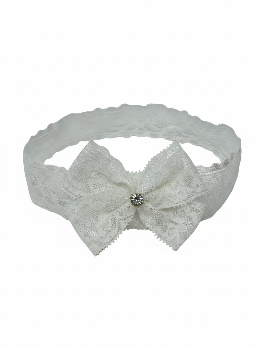Off white lace bow with gold rhinestone on a soft lace headband