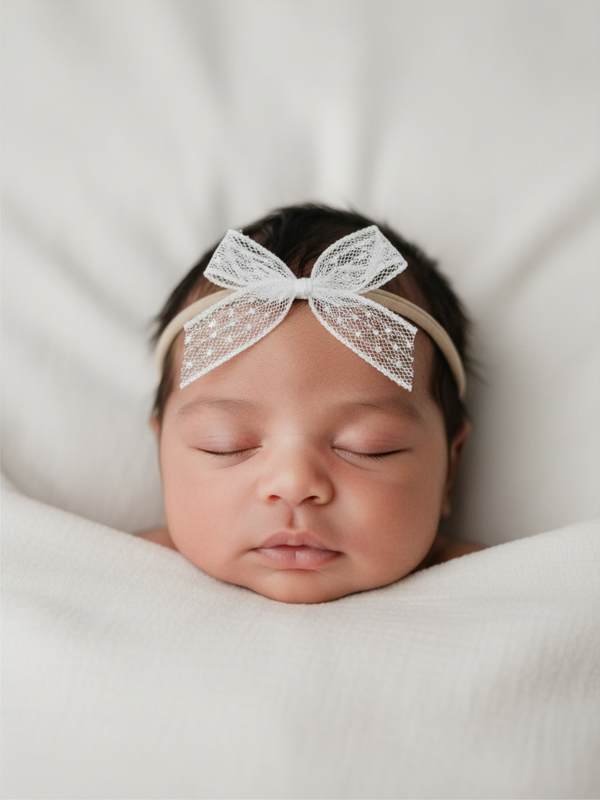White lace bow on a skinny soft nylon headband