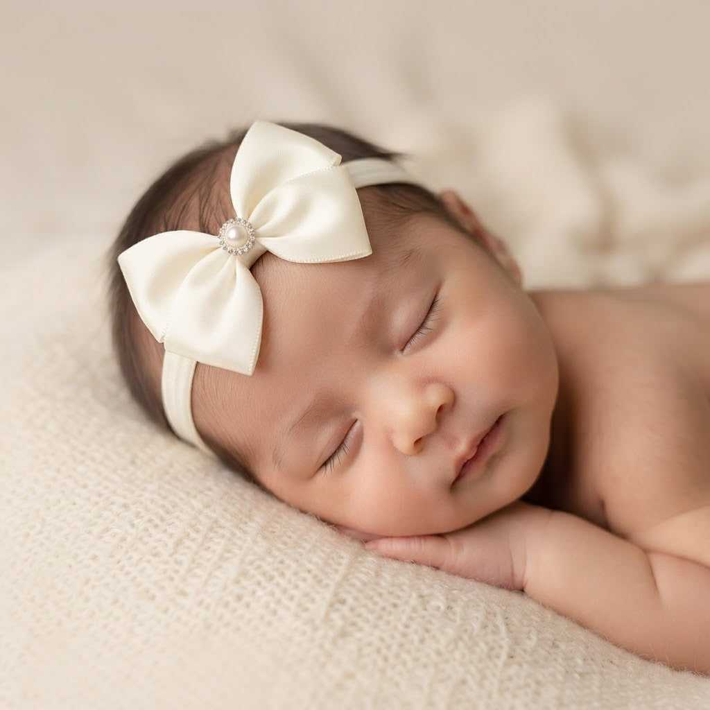 Satin double bow with pearl rhinestone on a soft headband