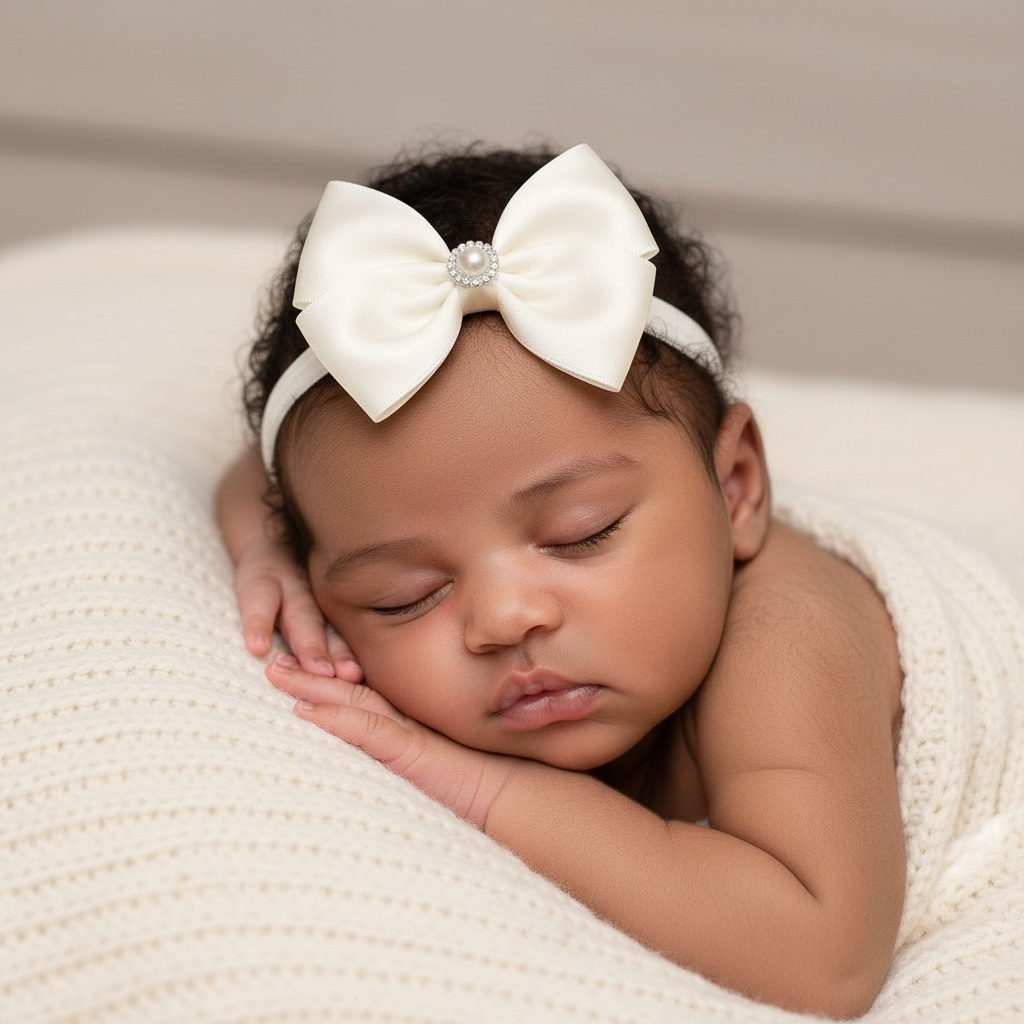 Satin double bow with pearl rhinestone on a soft headband