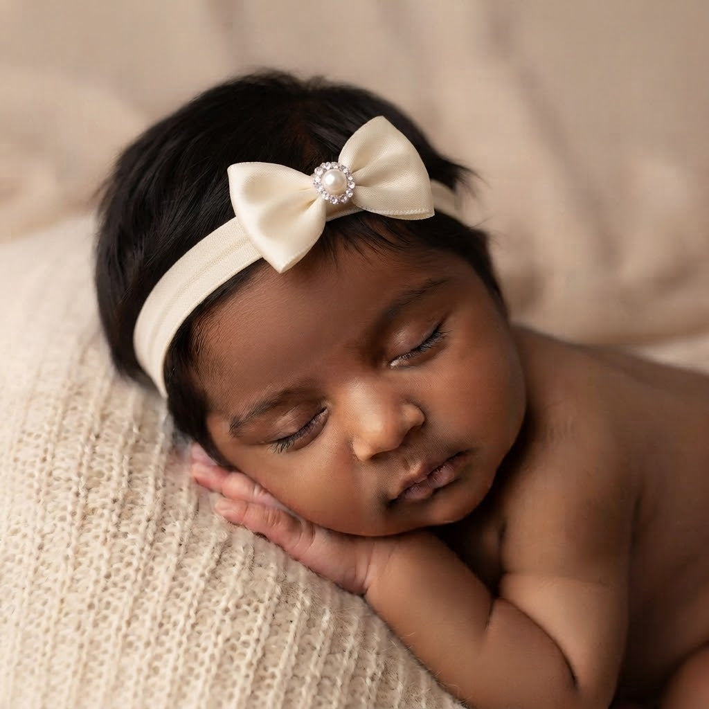 Single small double bow with pearl rhinestone on a soft headband
