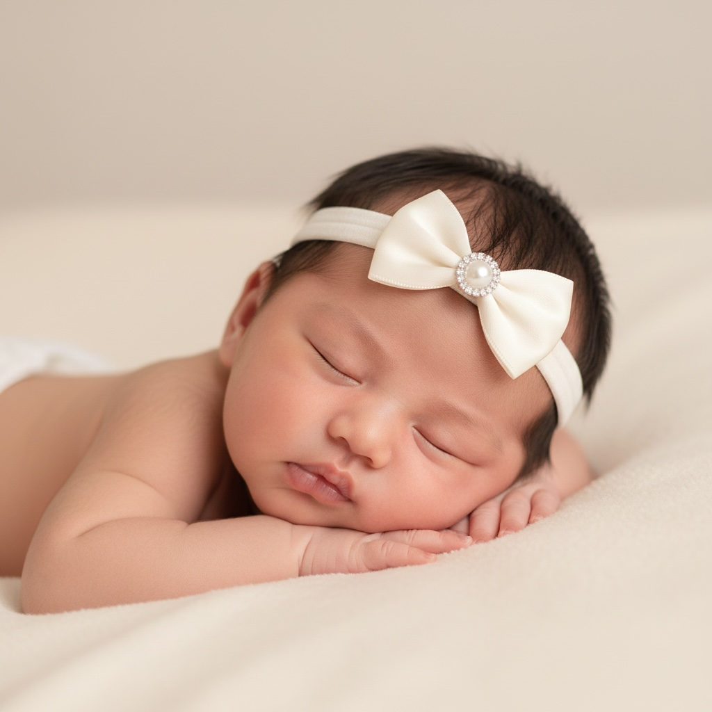 Single small double bow with pearl rhinestone on a soft headband