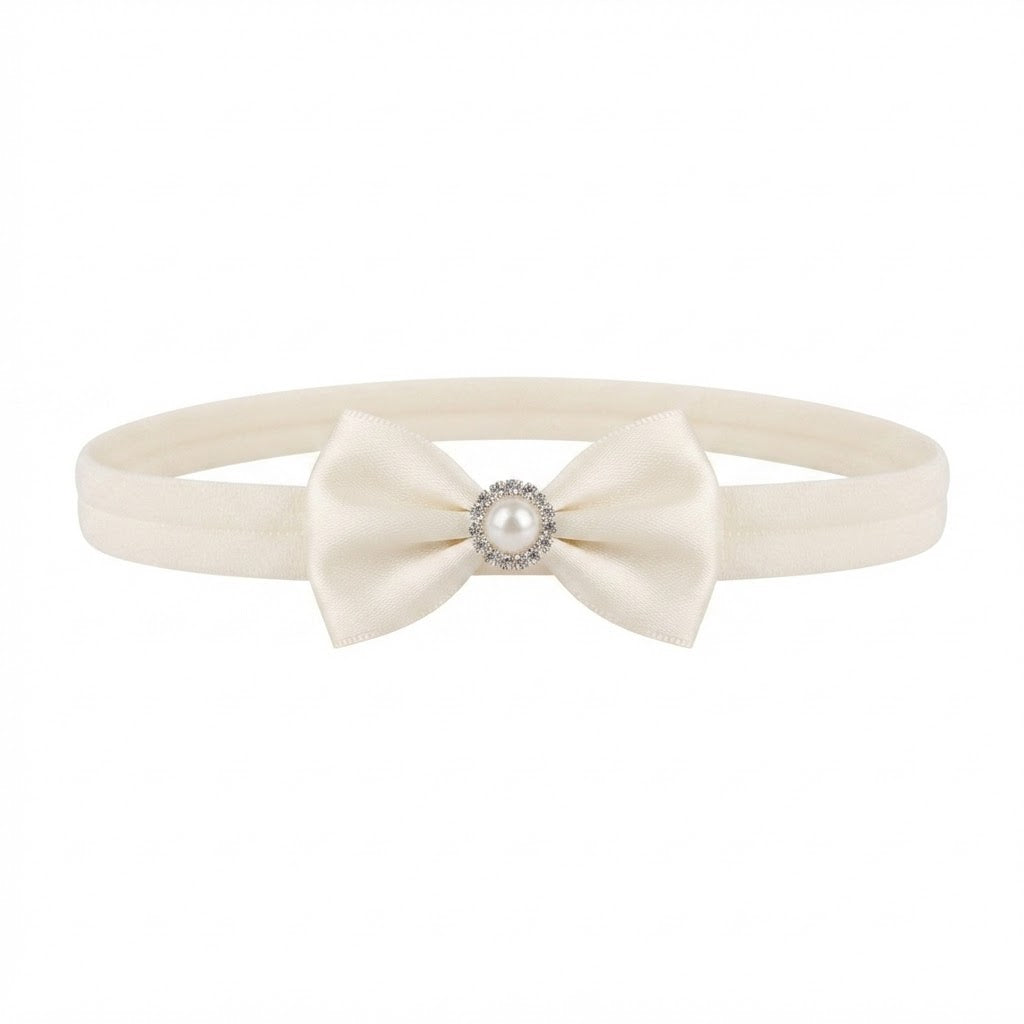 Single small double bow with pearl rhinestone on a soft headband