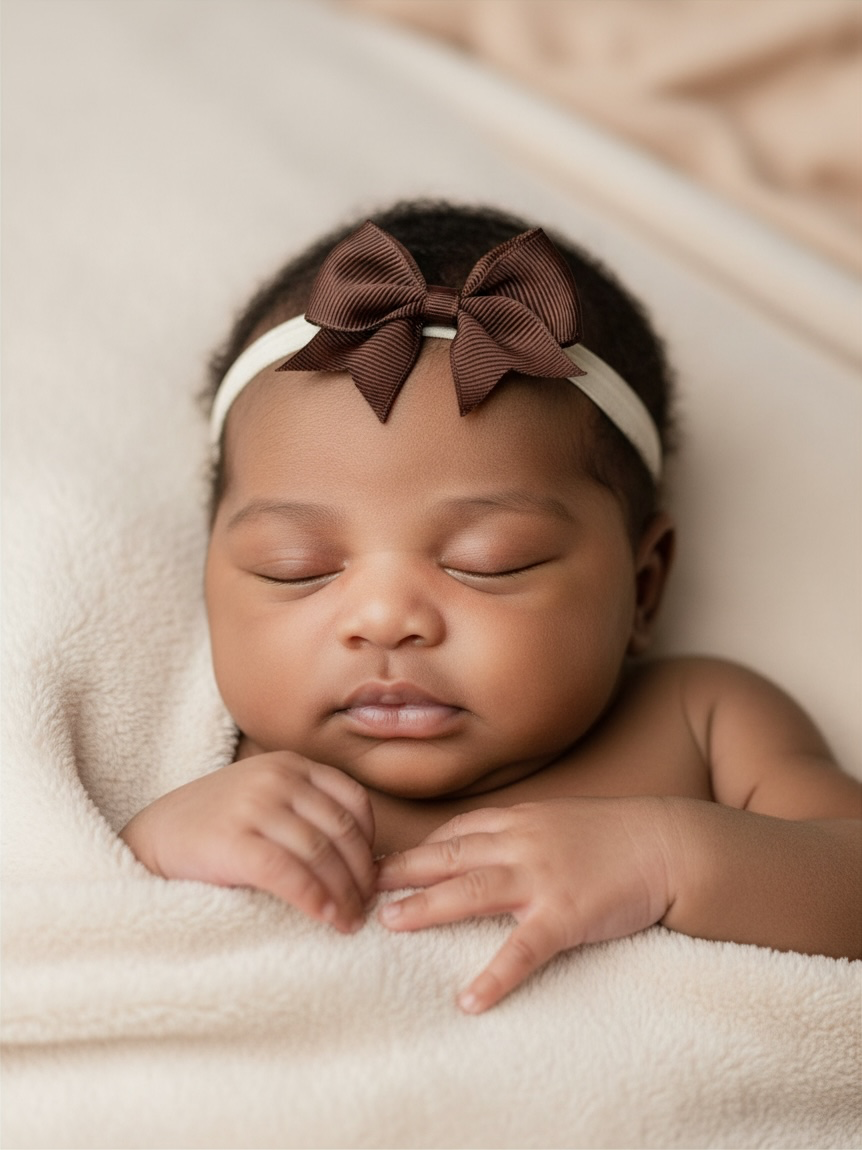 Brown grosgrain bow with tails on a soft elastic headband