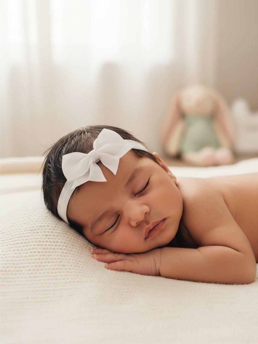 Brown grosgrain bow with tails on a soft elastic headband