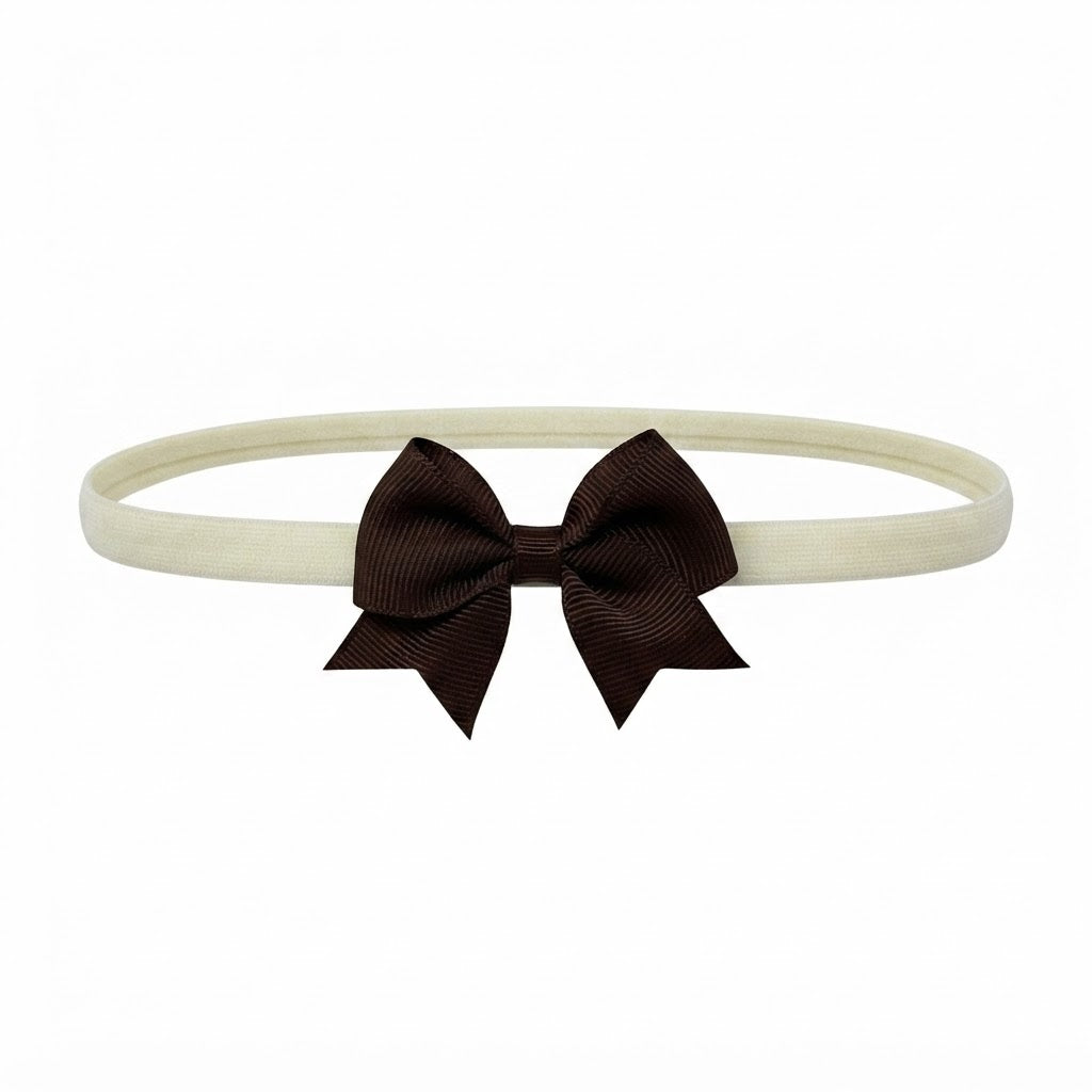 Brown grosgrain bow with tails on a soft elastic headband
