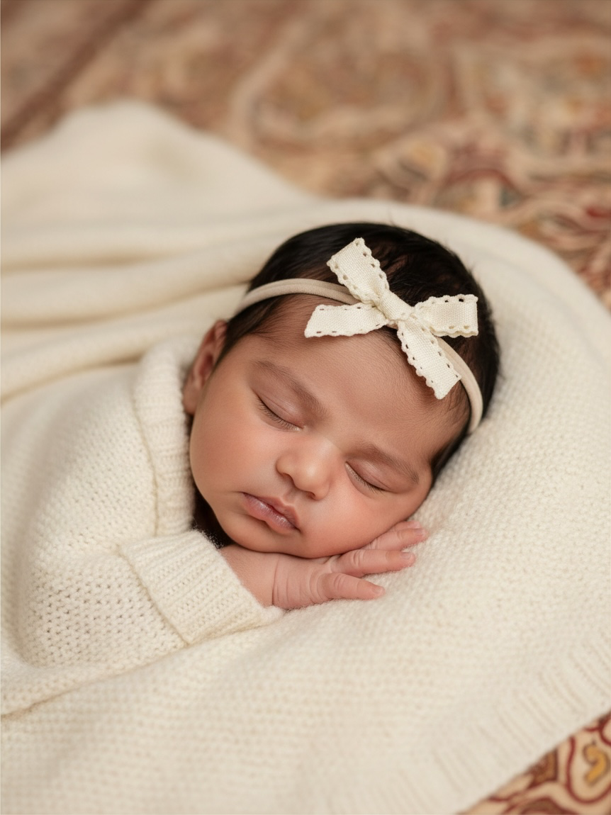Ivory small scalloped bow on a skinny soft nylon headband