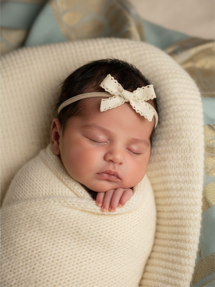 Ivory small scalloped bow on a skinny soft nylon headband