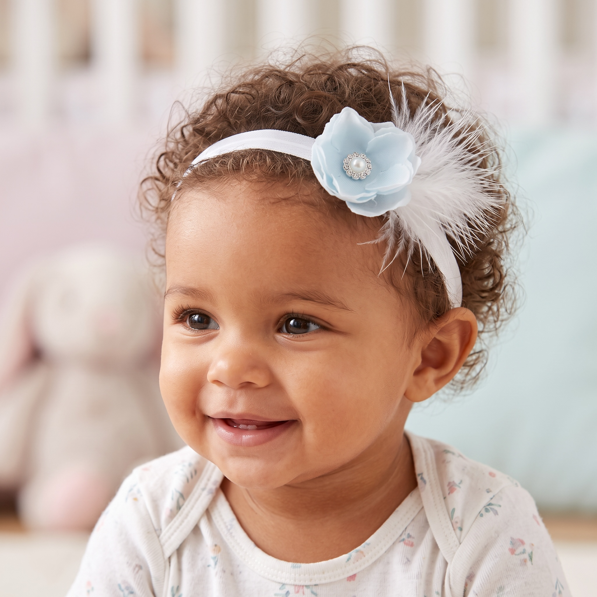 Blue flower with feather and rhinestone on a soft headband