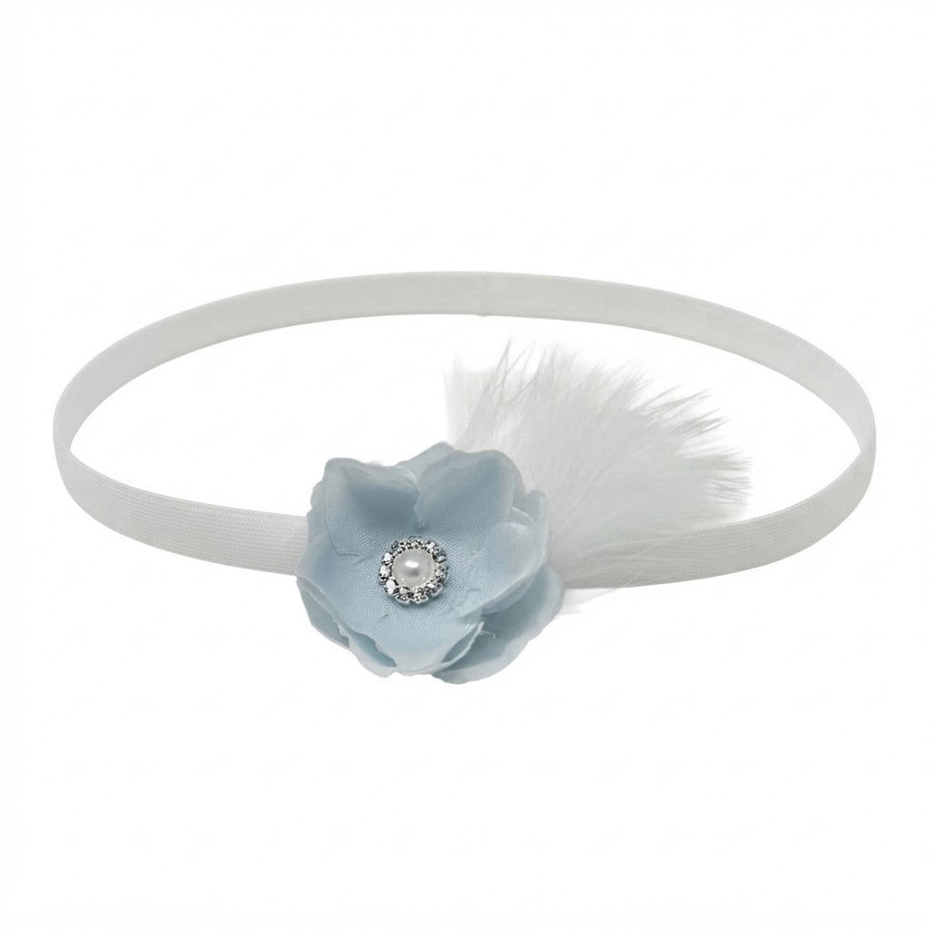 Blue flower with feather and rhinestone on a soft headband