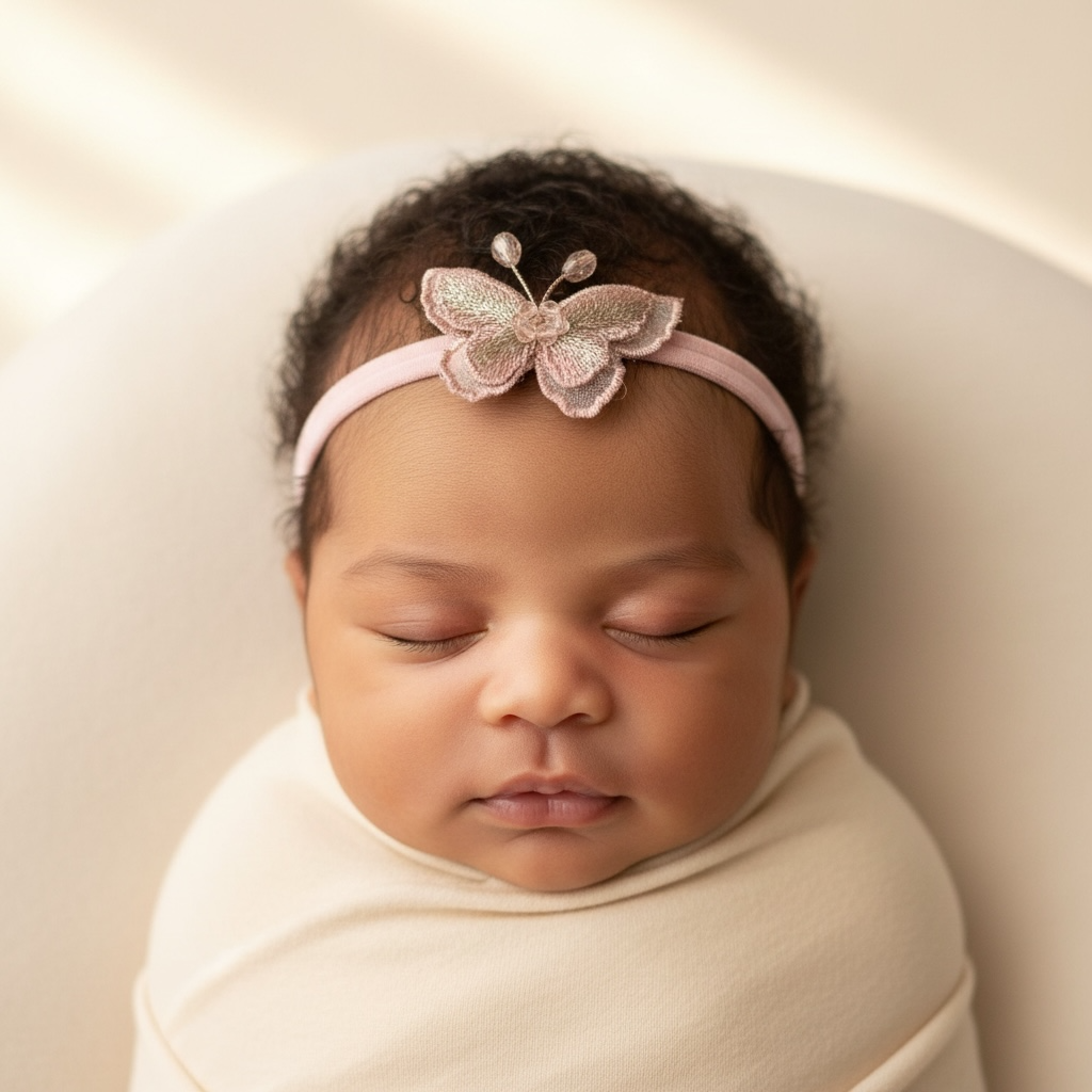 Embroidered butterfly in rose gold with pearls on a soft headband