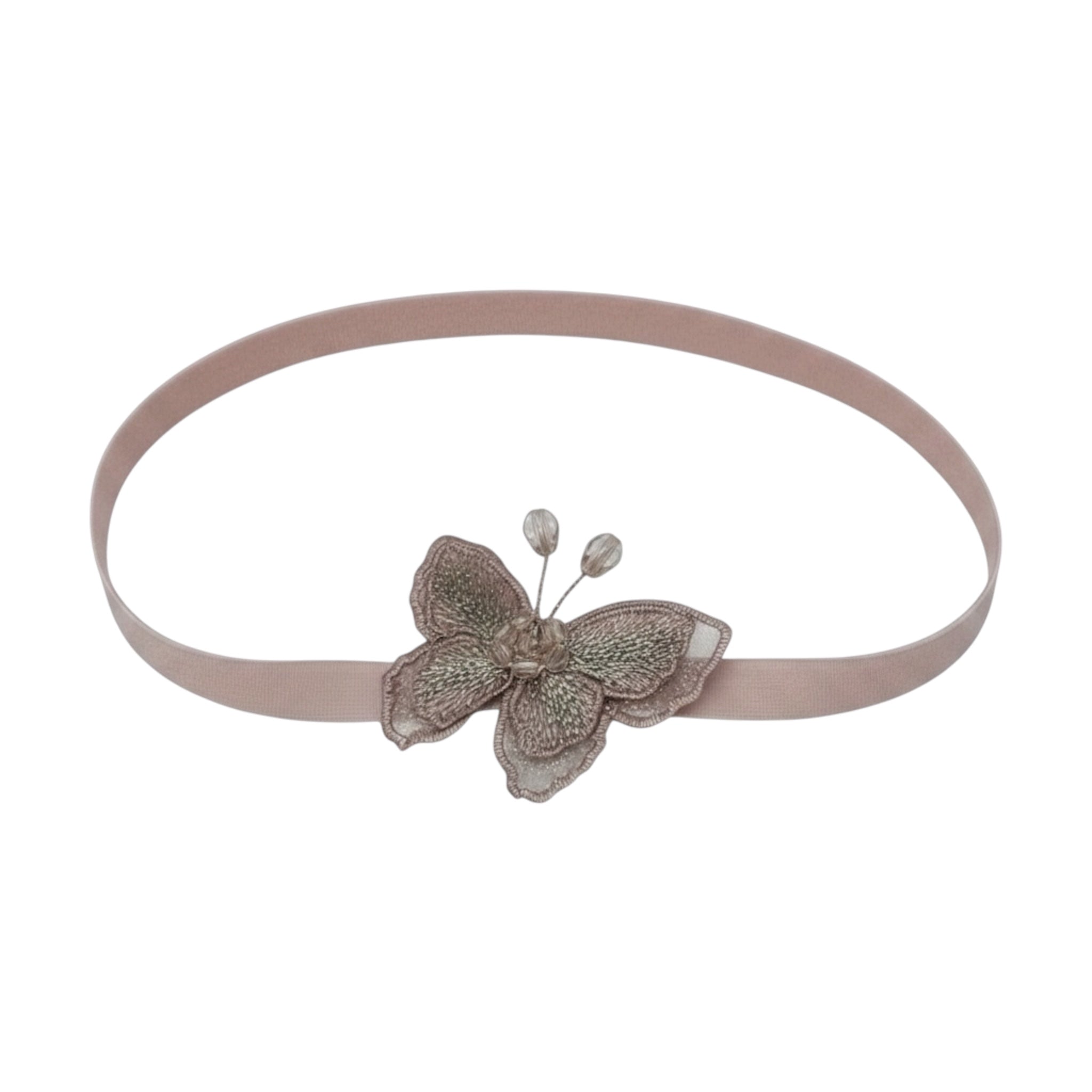 Embroidered butterfly in rose gold with pearls on a soft headband