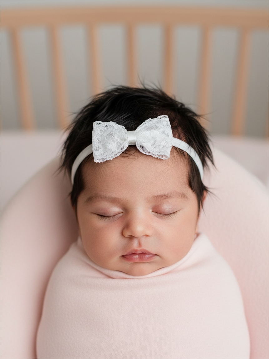 Lace bow in off white on a soft headband