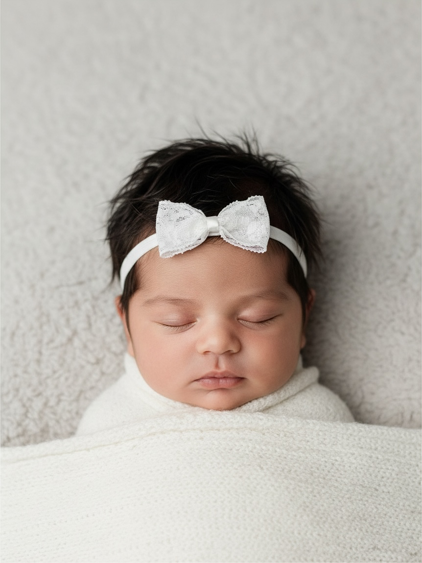 Lace bow in off white on a soft headband