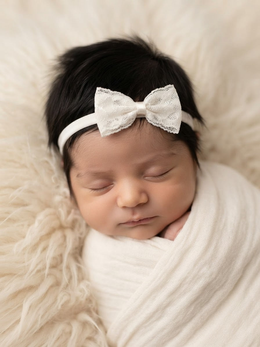 Lace bow in off white on a soft headband