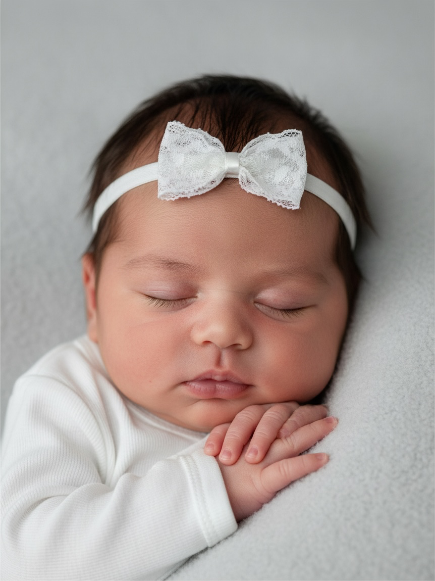 Lace bow in off white on a soft headband