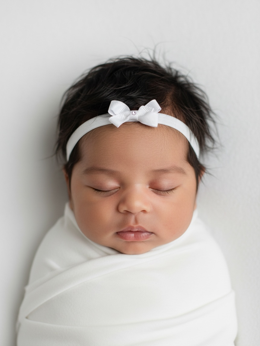 Small white grosgrain bow on a soft elastic headband