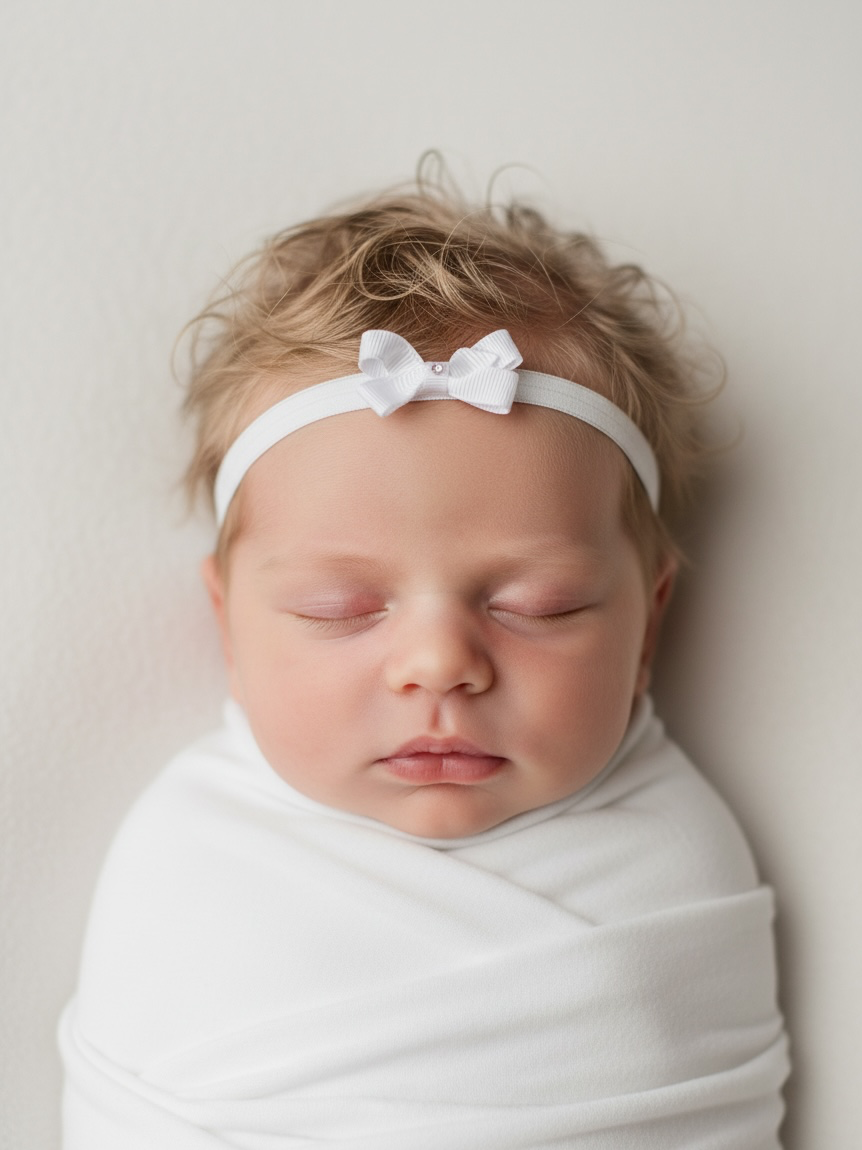 Small white grosgrain bow on a soft elastic headband