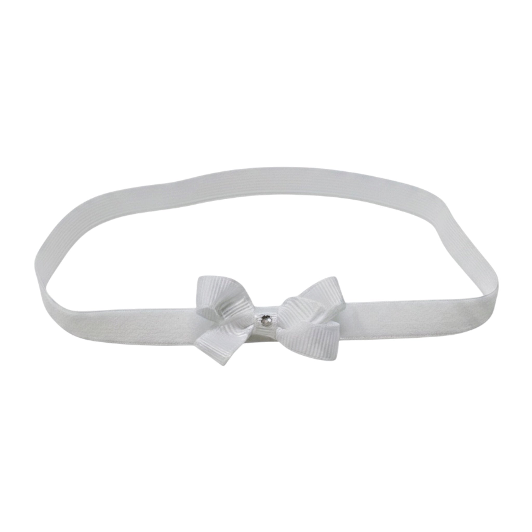Small white grosgrain bow on a soft elastic headband