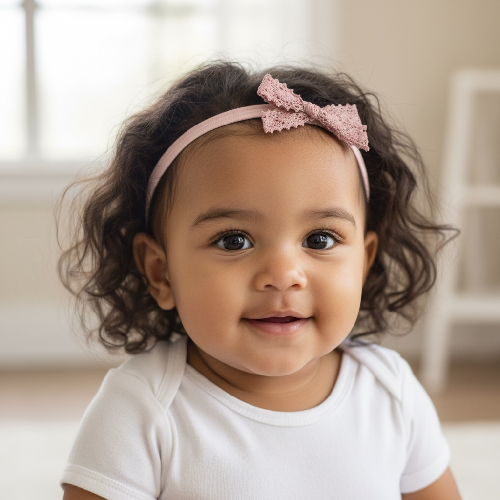 Dusky pink lace bow on a soft elastic headband