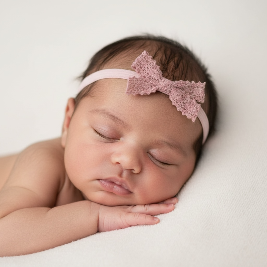 Dusky pink lace bow on a soft elastic headband