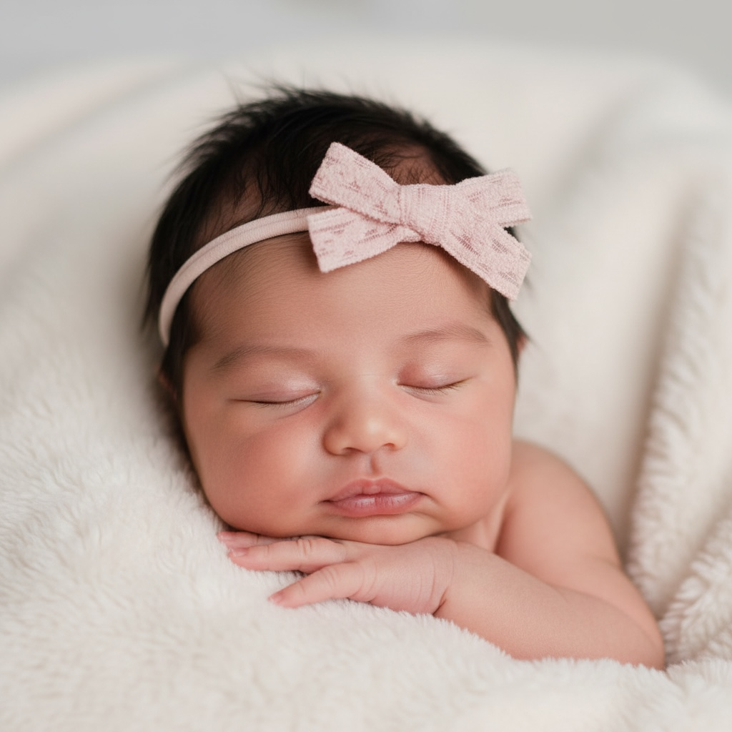 Blush pink lace bow on a skinny soft nylon headband