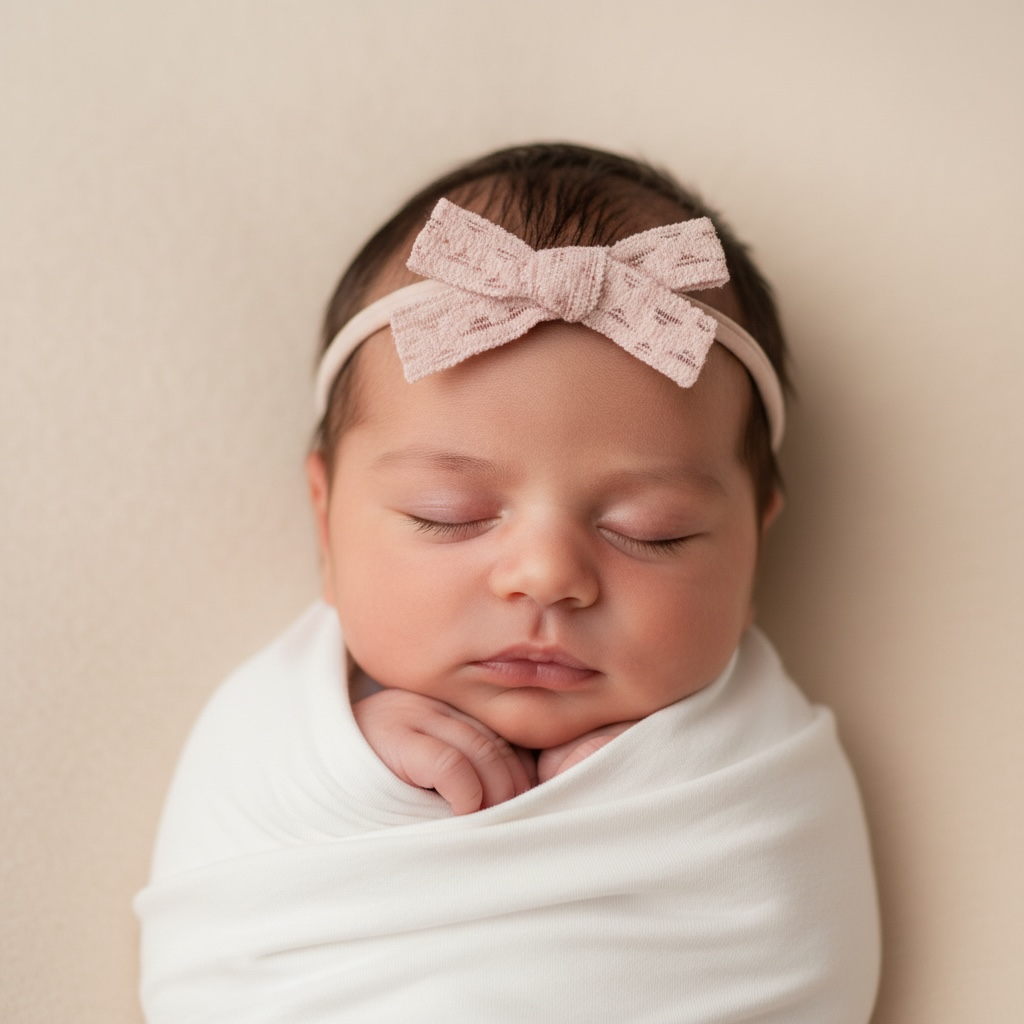 Blush pink lace bow on a skinny soft nylon headband