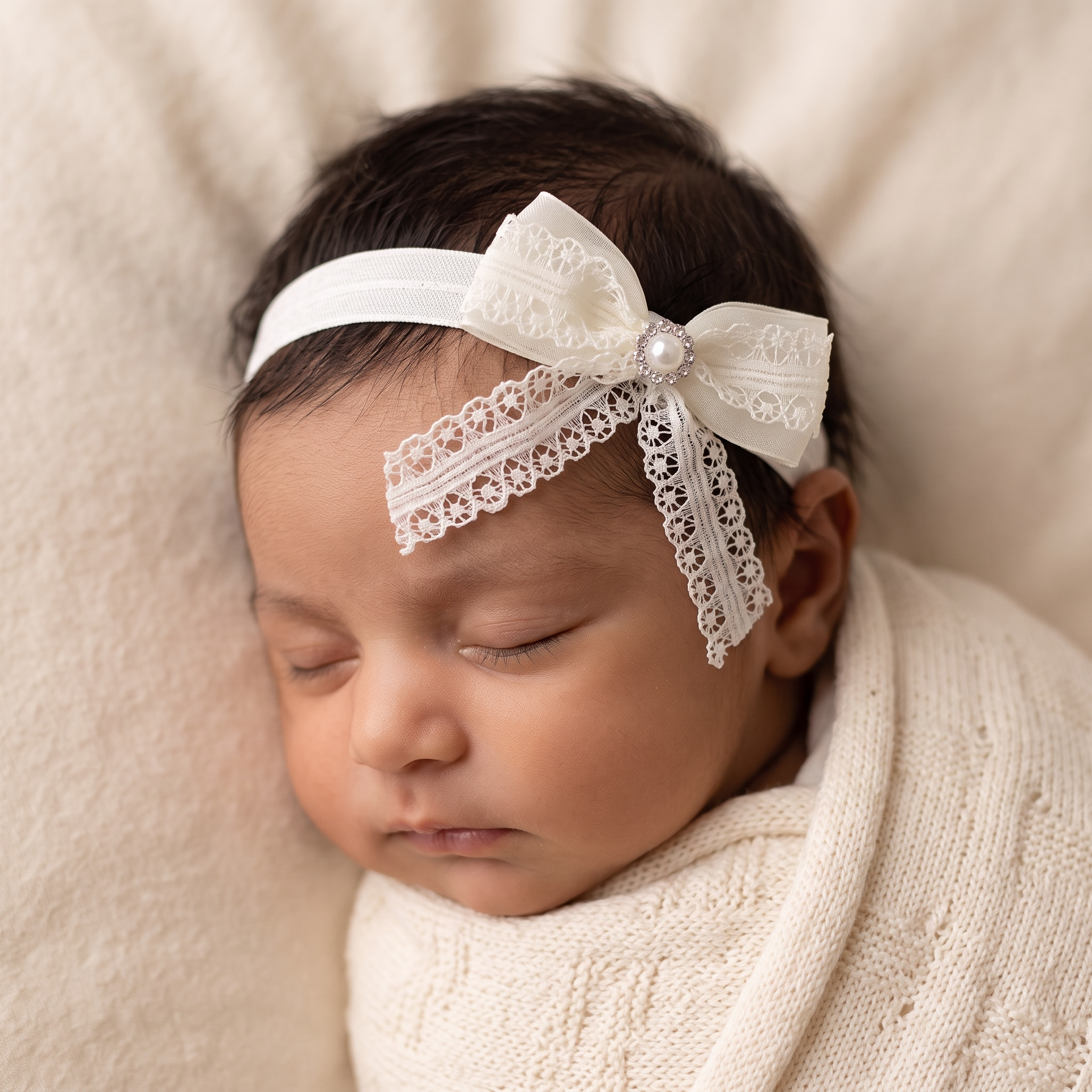 Lace ivory bow with pearl and rhinestone on a headband