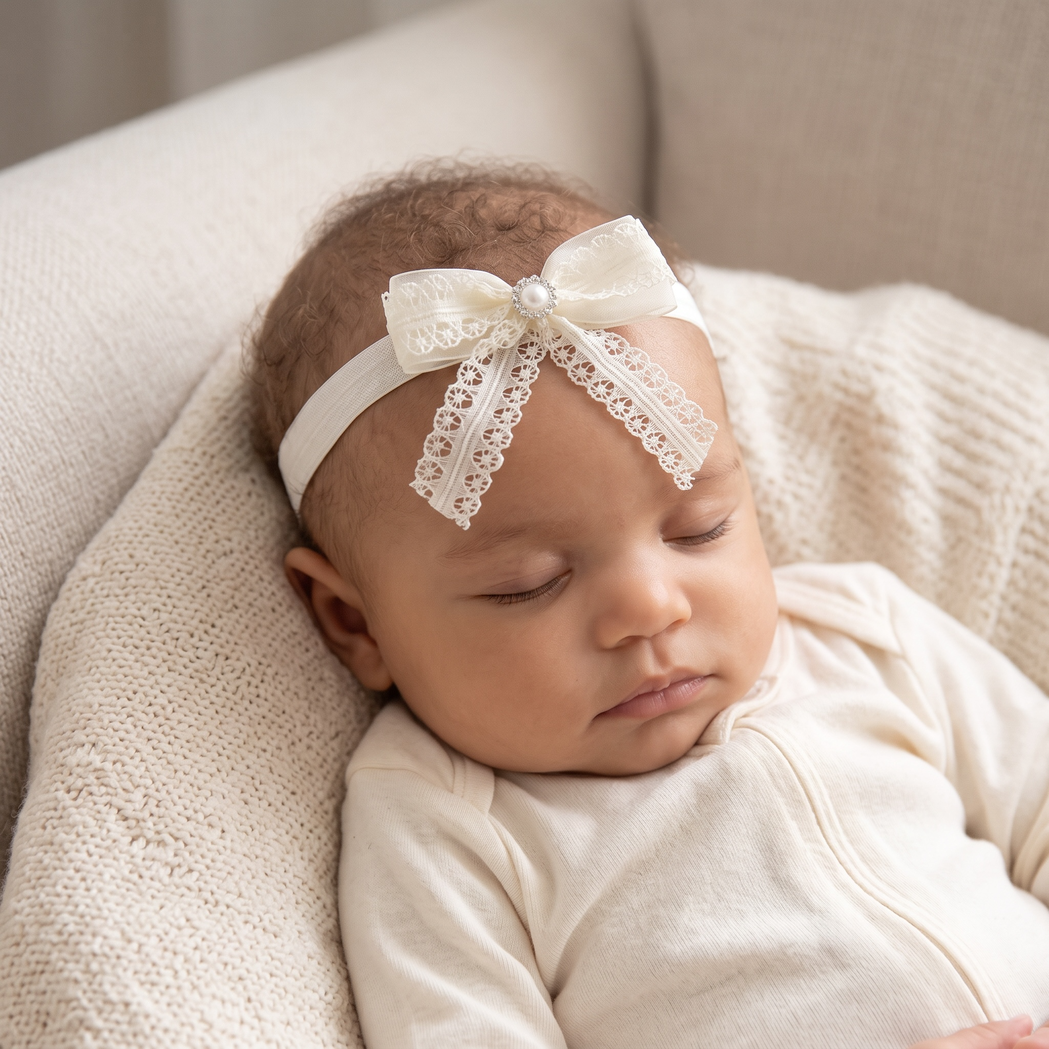 Lace ivory bow with pearl and rhinestone on a headband