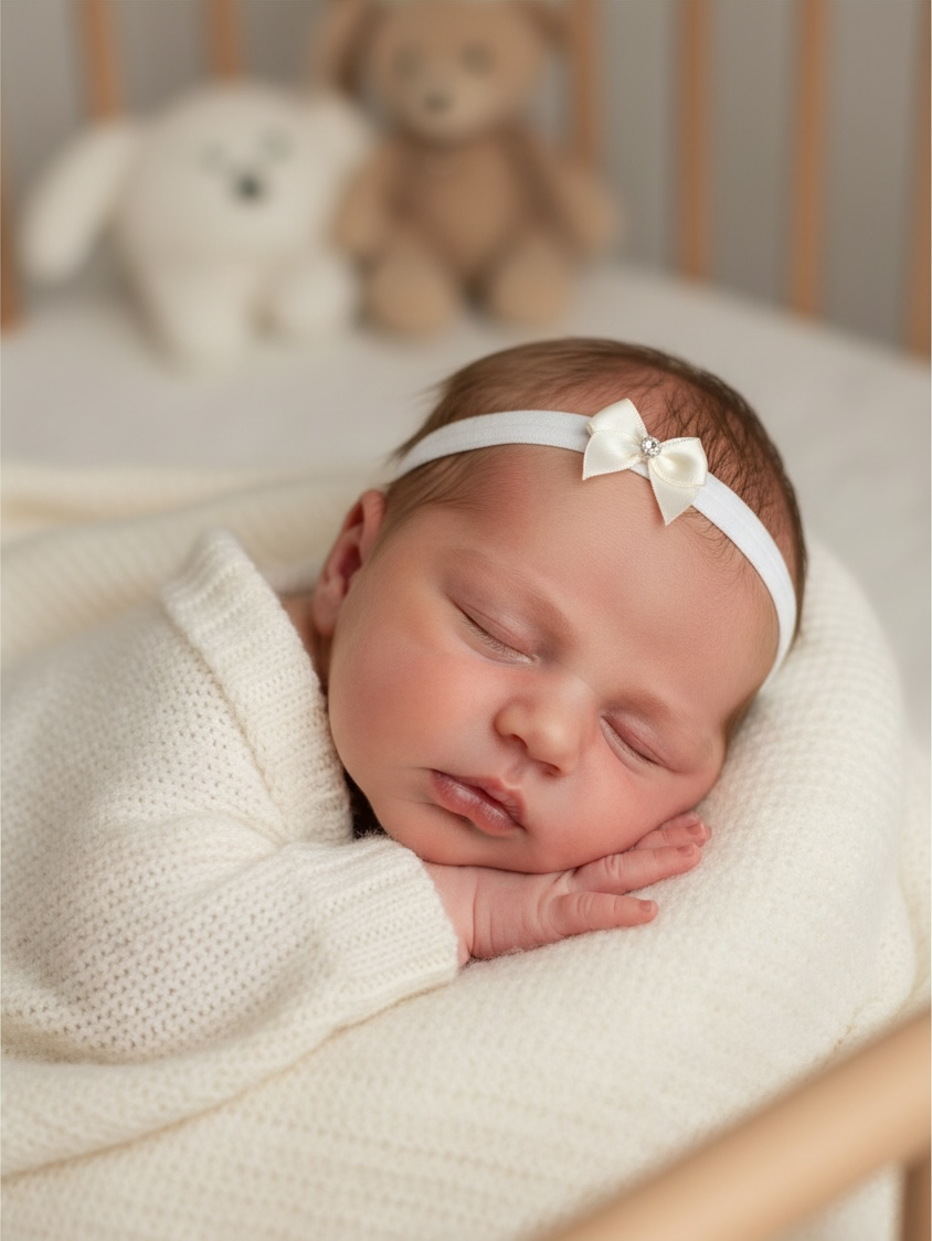 Tiny satin bow with tails on a soft headband