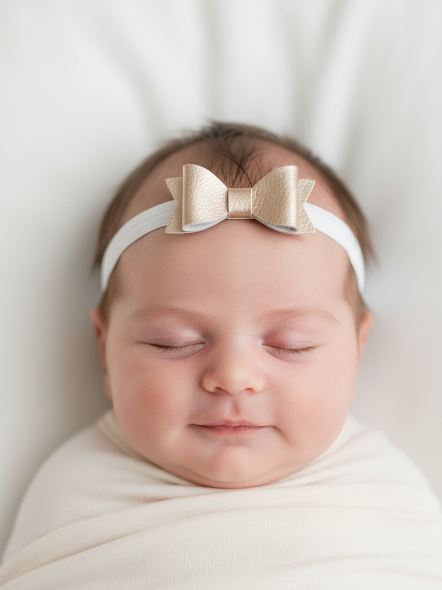 Set of two leatherrete bows on a soft elastic headband.