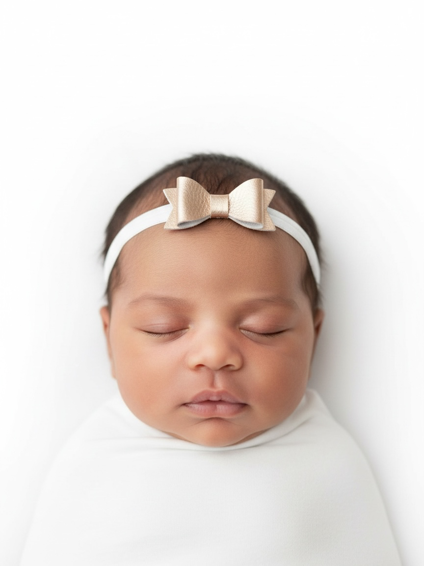 Set of two leatherrete bows on a soft elastic headband.