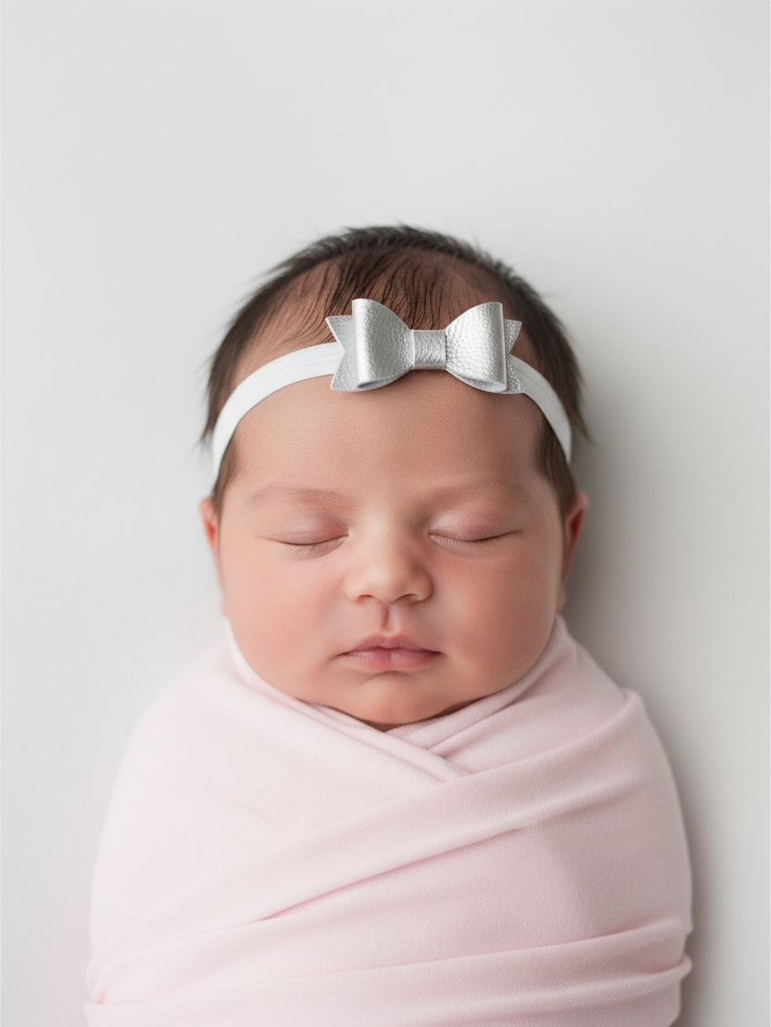Set of two leatherrete bows on a soft elastic headband.
