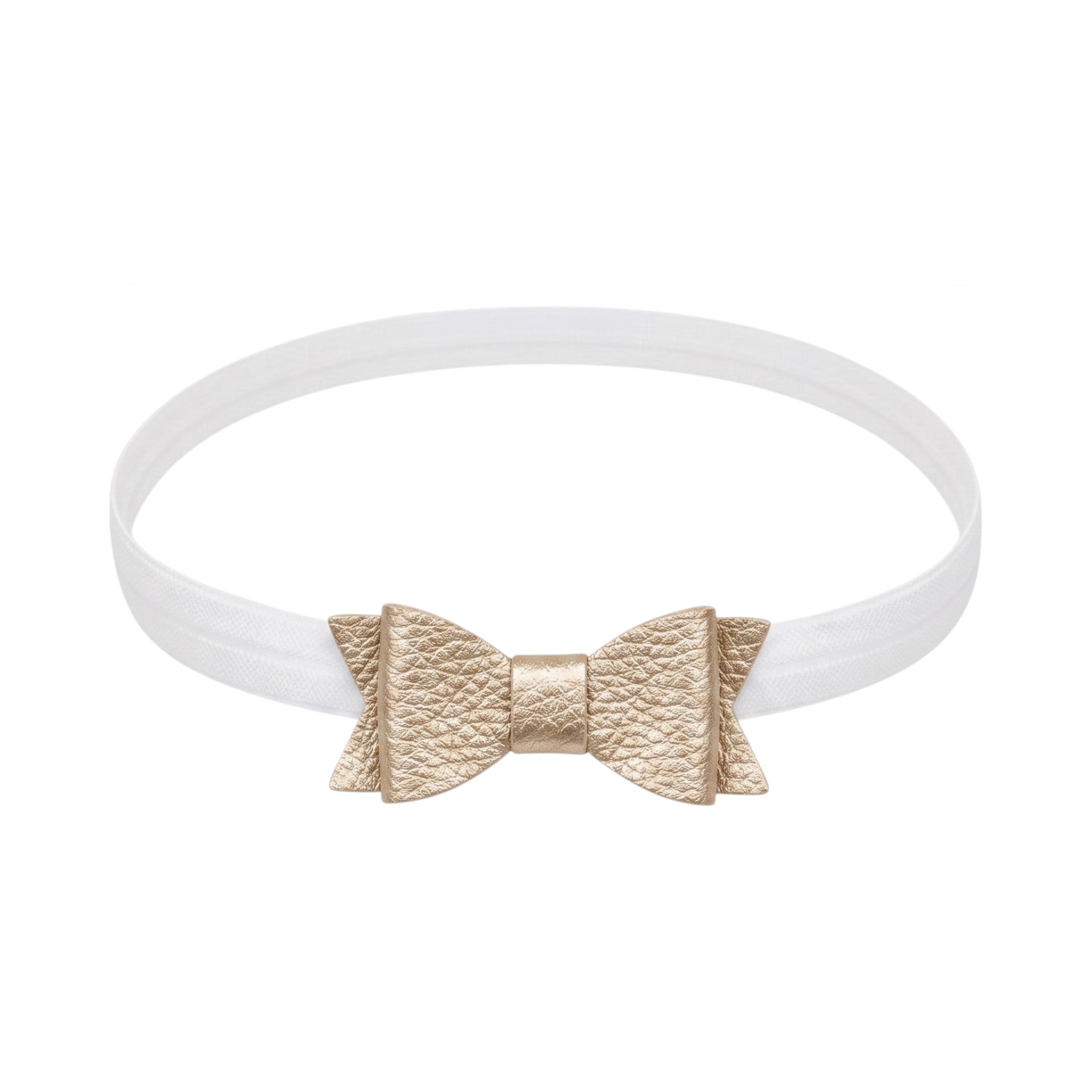 Set of two leatherrete bows on a soft elastic headband.