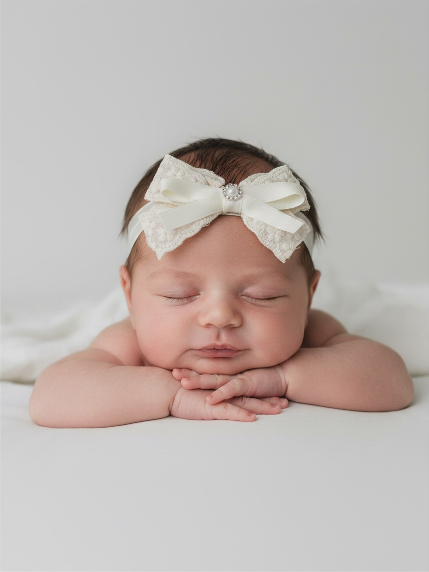 Ivory lace bow with pearl rhinestone on a soft elastic headband.