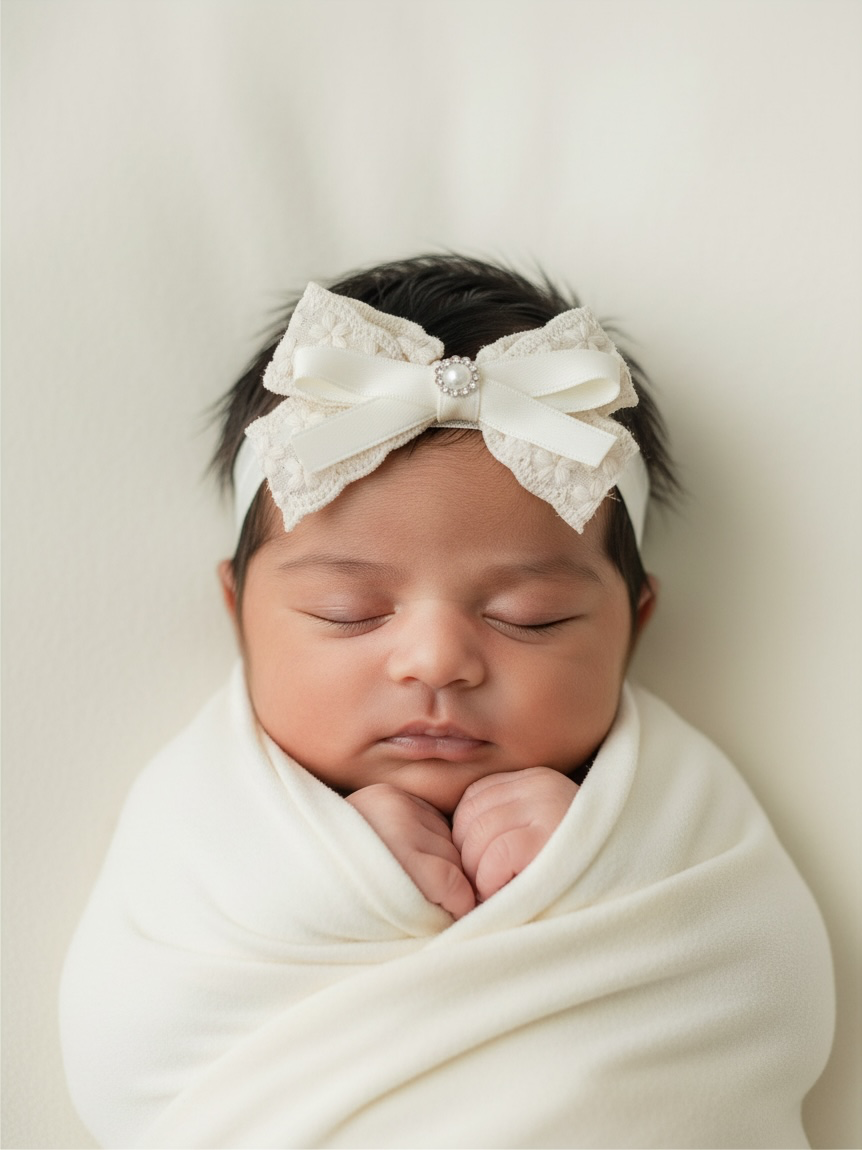 Ivory lace bow with pearl rhinestone on a soft elastic headband.