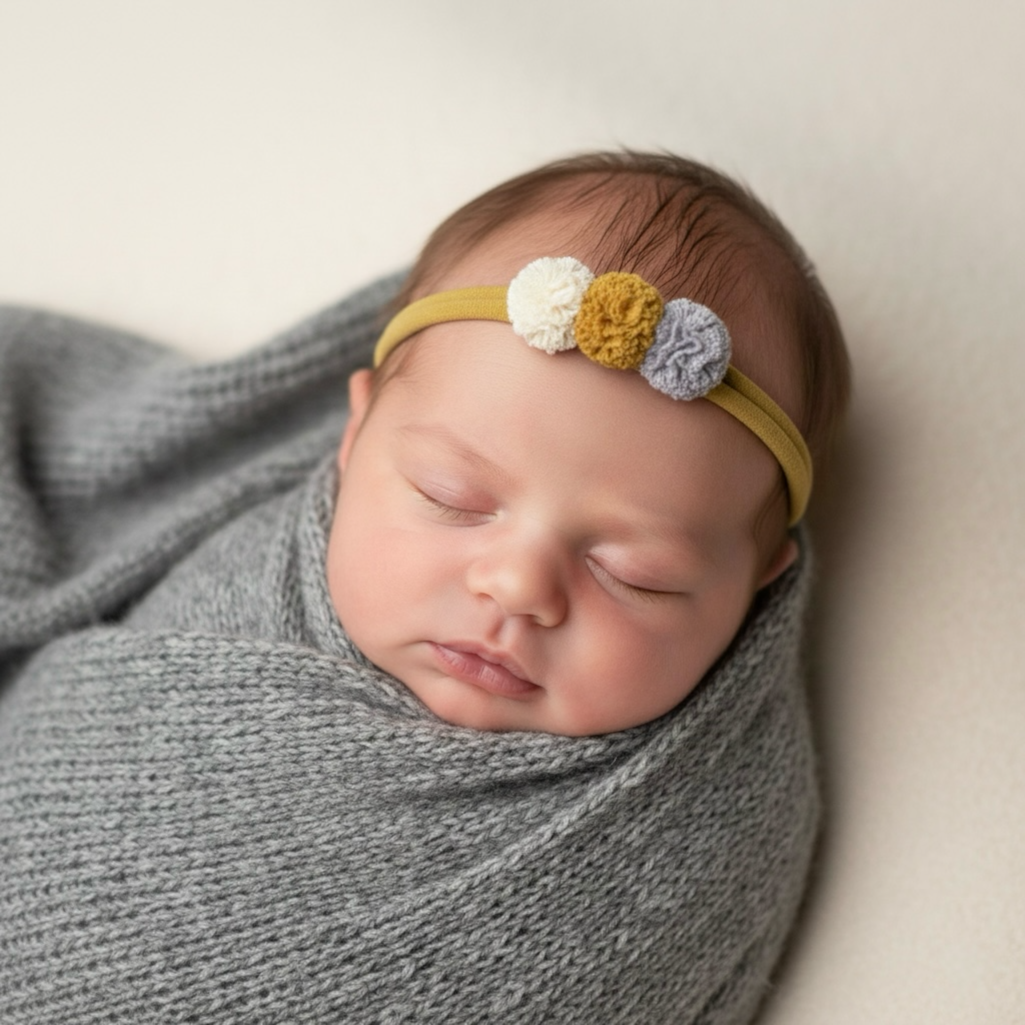 Pom poms in mustard on a headband