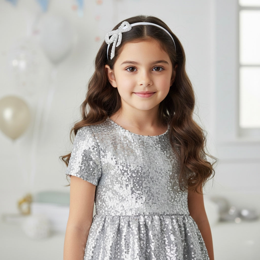 Sequin silver bow on a headband