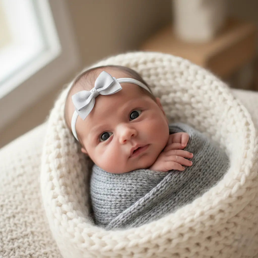 Small gray bow with tails on a soft elastic headband Cute Cute