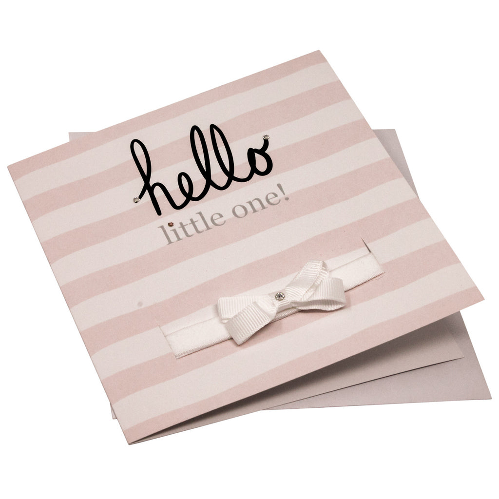 Hello Little One- greeting card with a small bow on a headband