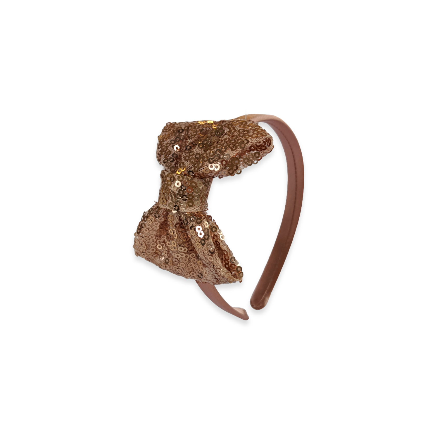 Rose gold sequin bow on a satin alice band