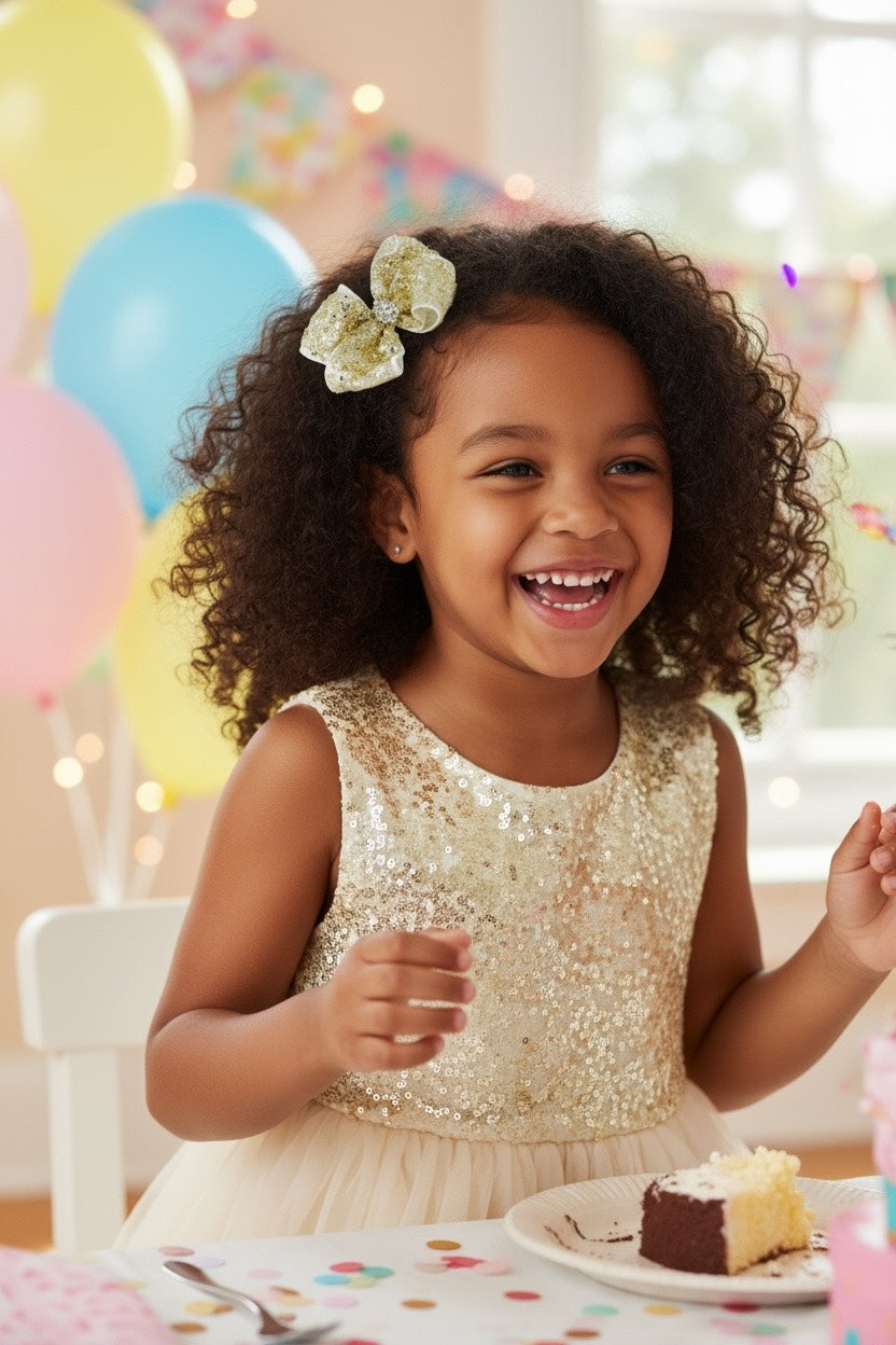 Sequin gold bow with rhinestone on an alligator clip