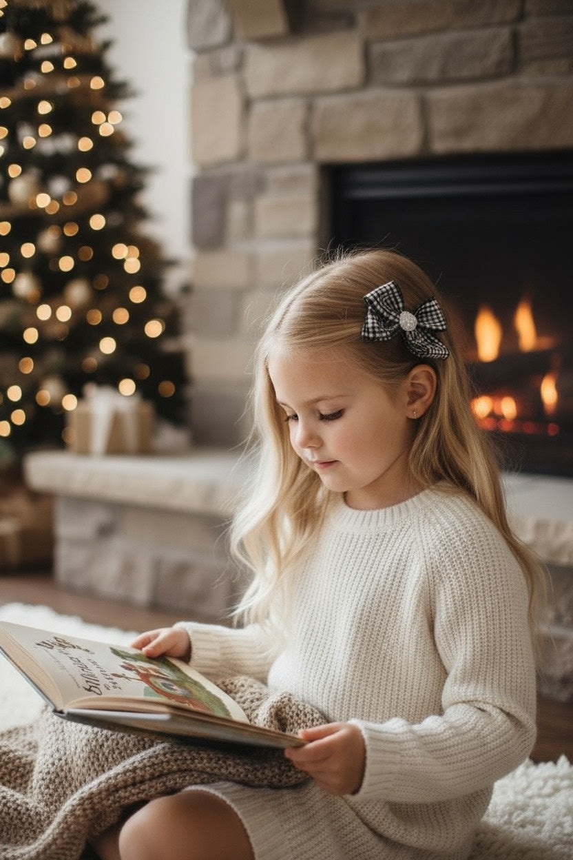 Checked navy and ivory bow