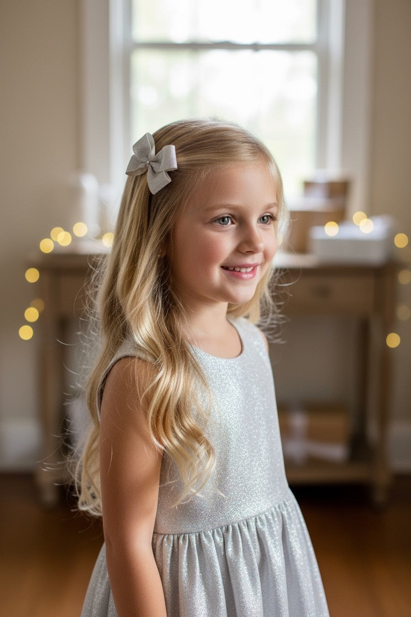 Silver shimmer bow with Swarovski crystal on a clip