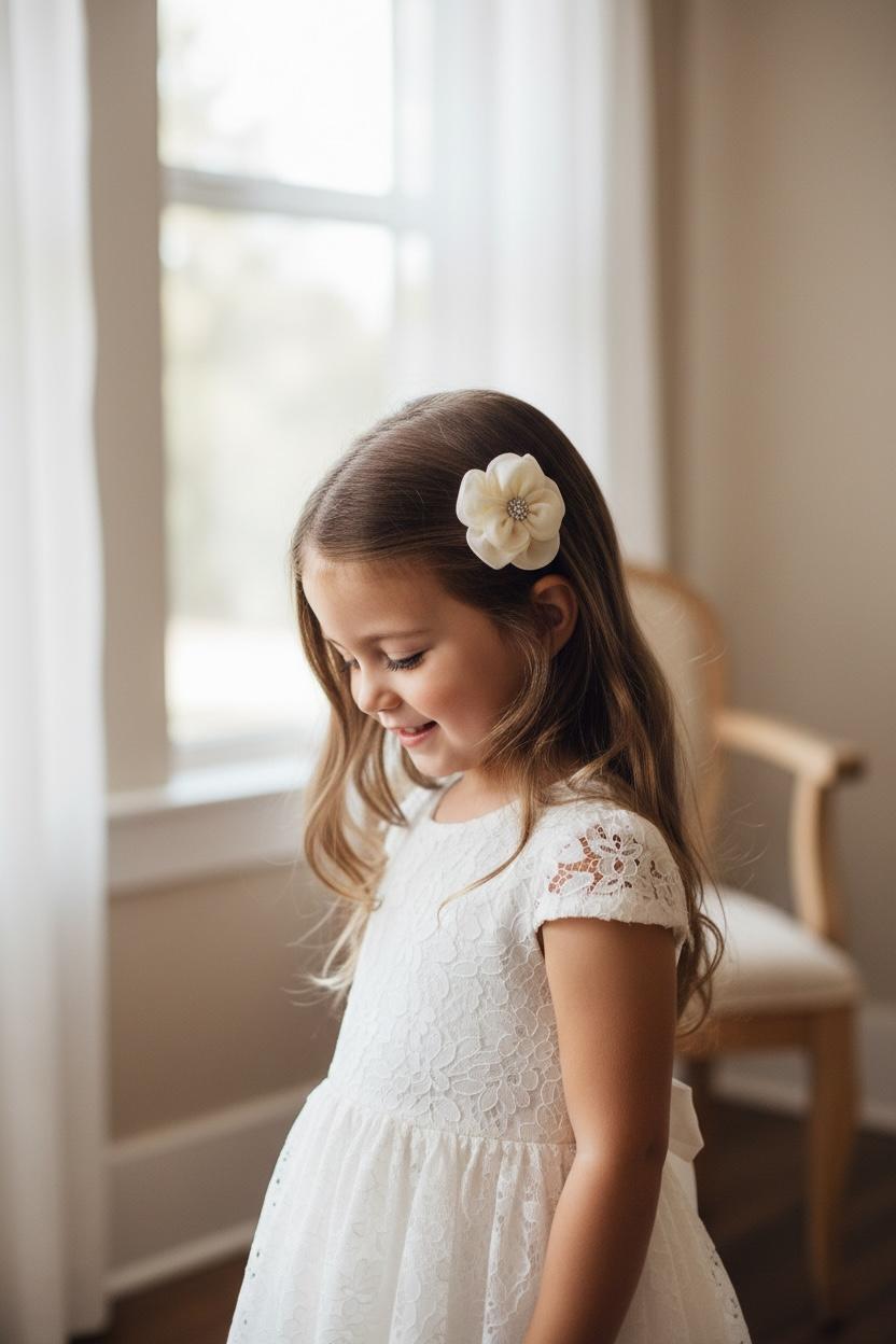 Ivory chiffon flower with rhinestone on an alligator clip.