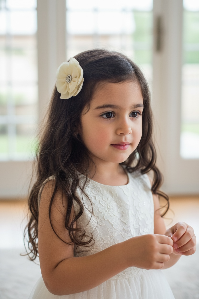 Ivory chiffon flower with rhinestone on an alligator clip.