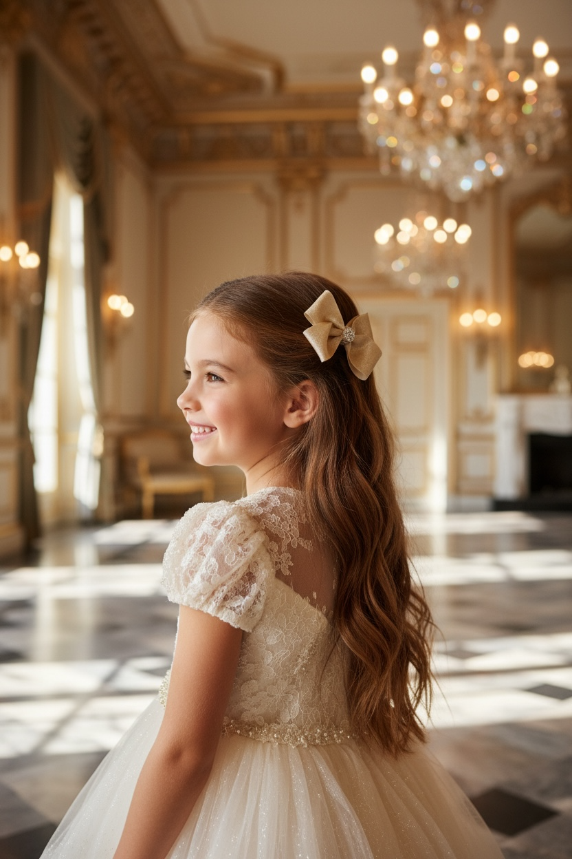 Large double satin shimmery gold bow on a clip.