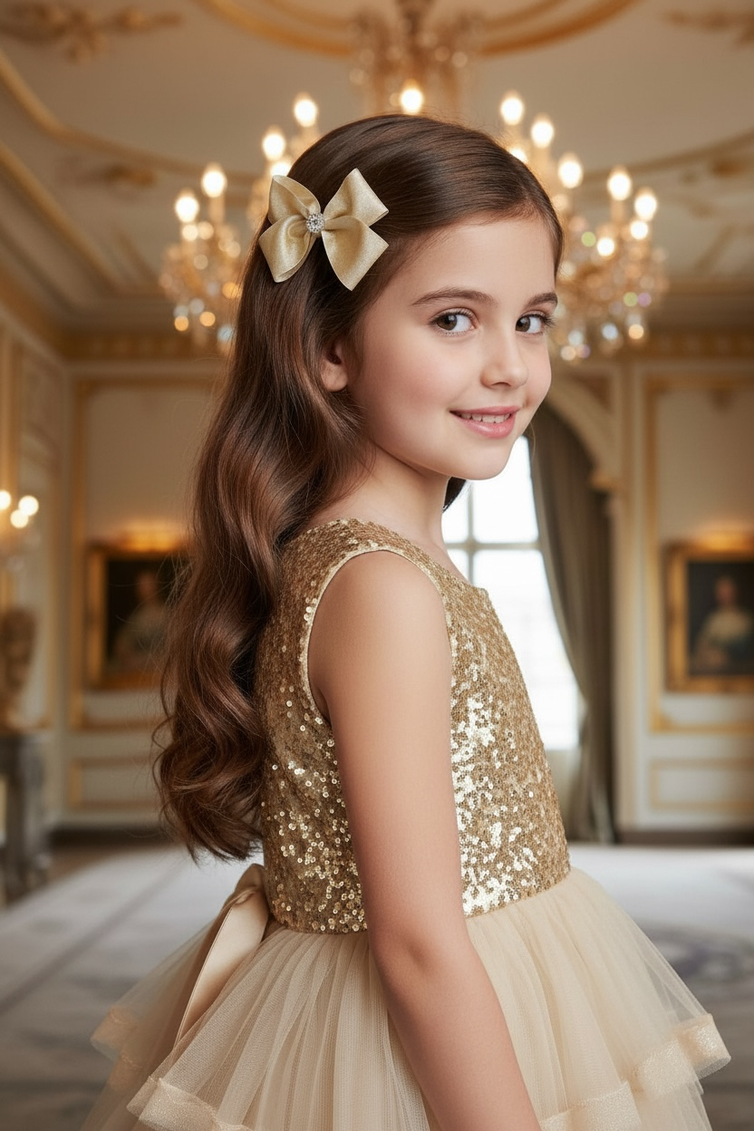 Large double satin shimmery gold bow on a clip.