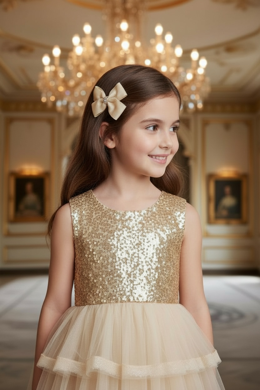 Large double satin shimmery gold bow on a clip.